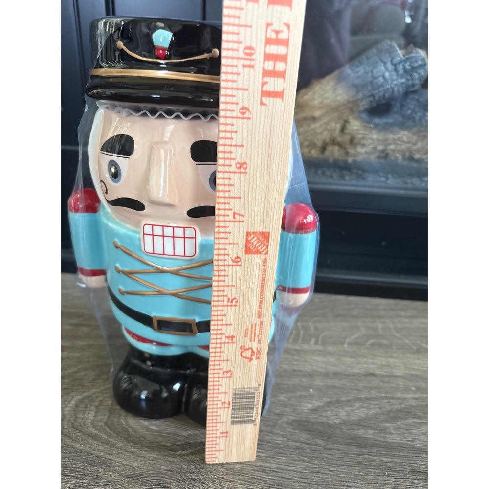 Sleigh Bell Bistro Nutcracker Cookie Jar Blue Ceramic Holiday Decor 10.5 Inch - Picture 2 of 6